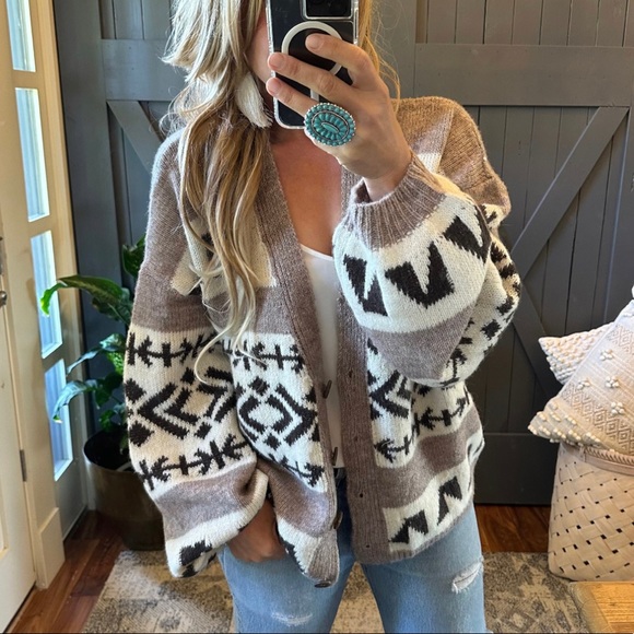 New Aztec Print Native Knit Wool Cardigan Sweater Button Front V-Neck Coat - Picture 3 of 9